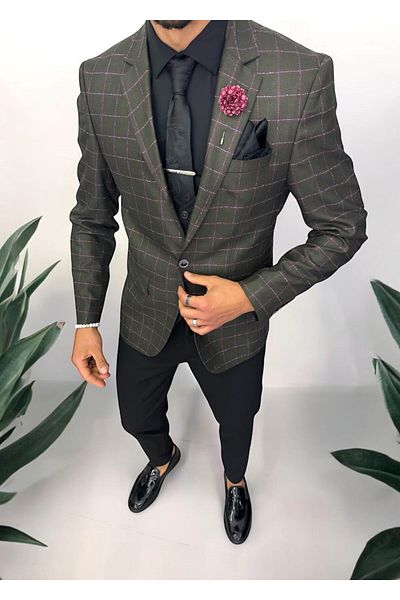 dehaine Men's suit, jacket, pants, vest, plaid, khaki, 13194