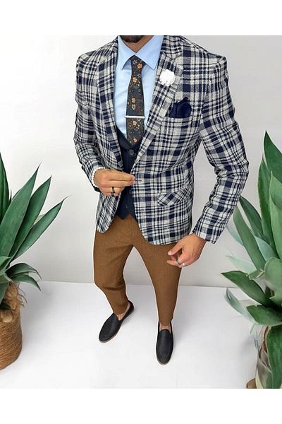 dehaine Men's suit, jacket, pants, vest, checked, navy blue, 13202