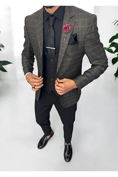 dehaine Men's suit, jacket, pants, vest, plaid, khaki, 13194