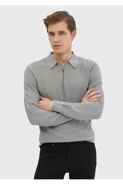 Ramsey Light Gray Polo Collar Jacquard Knitwear