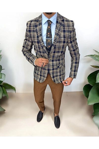 dehaine Men's suit, jacket, pants, vest, checked, brown, 13200