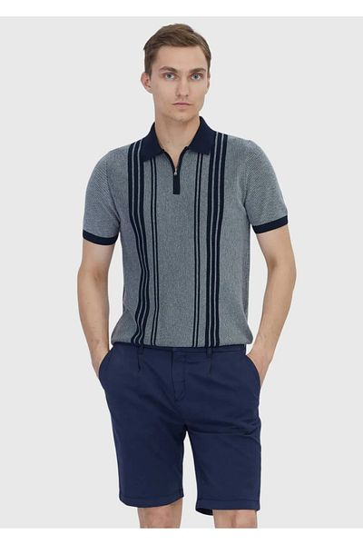 Ramsey Navy Blue Polo Neck Striped Cotton Blend Knitwear