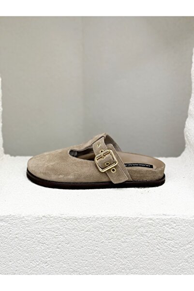 NUR KARACA 25Y9137 Closed Front Khaki Leather Flat Sole Slippers for Women