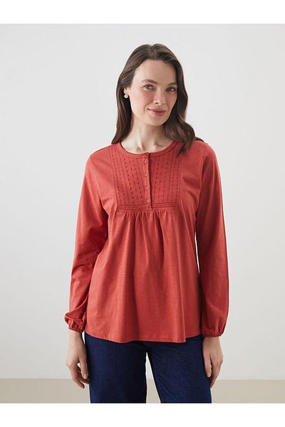 LC Waikiki Grace Orange Crew Neck Embroidered Blouse