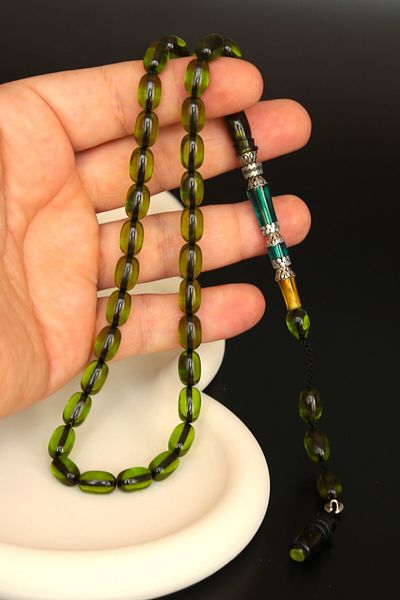CessNova Certified 33-Piece Green Crimping Amber Nakkaş Imameli Special Prayer Beads