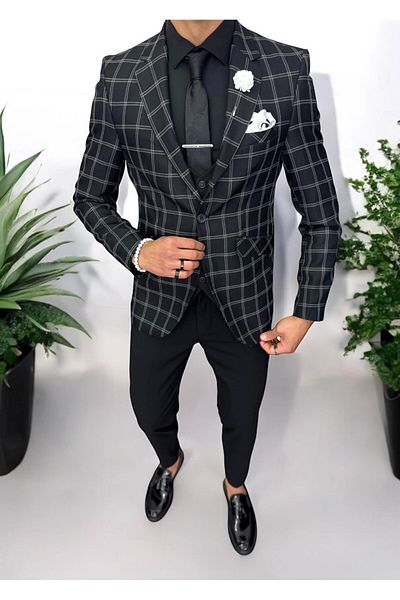 dehaine Men's suit, jacket, pants, vest, plaid, black, 13193
