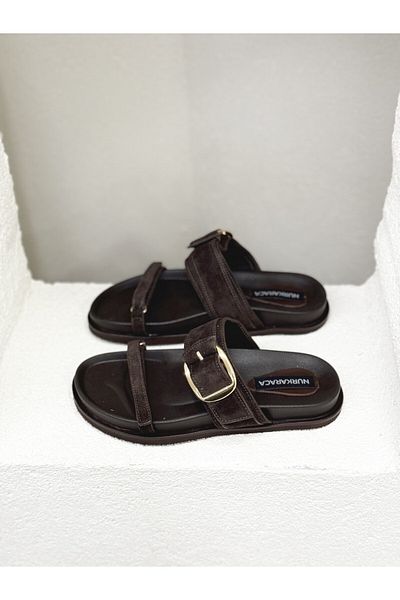 NUR KARACA 25Y5425 Tape Buckle Genuine Leather Flat Sole Slippers for Women