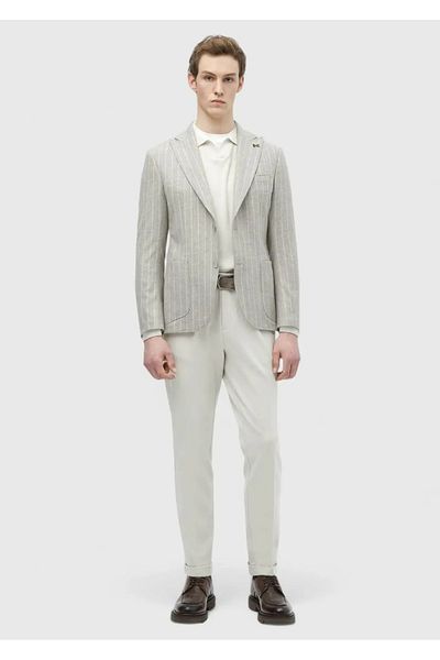 Ramsey Beige Striped Zeroweight Slim Fit Wool Blend Jacket