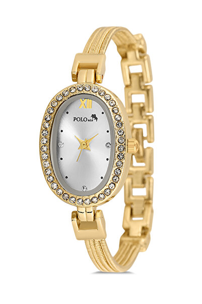 Poloair Lüx Taşlı Oval Kasa Hasır Metal Kordon Kadın Kol Saati Gold Renk PL-1546B1x