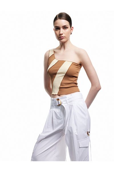 Koton Viscose Fabric Color Contrast Stitching Detail One Shoulder Blouse