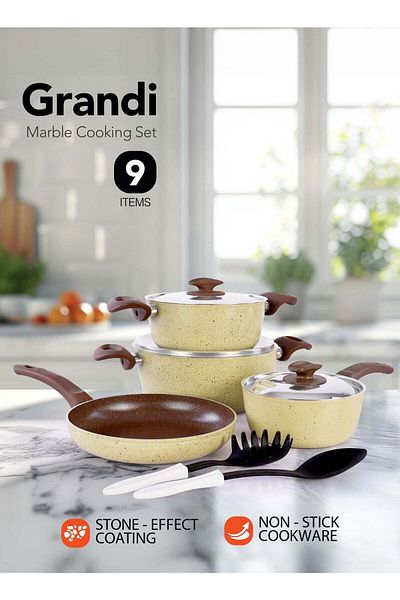 GRANDİ 24+20+24+18 Grandi 9 Piece Non-Stick Cookware Set Aluminum Pots And Pans