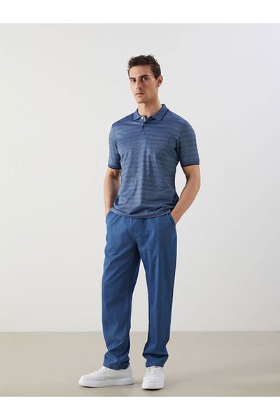 LC Waikiki Navy Blue Polo Neck Striped Mercerized Look Men's T-Shirt