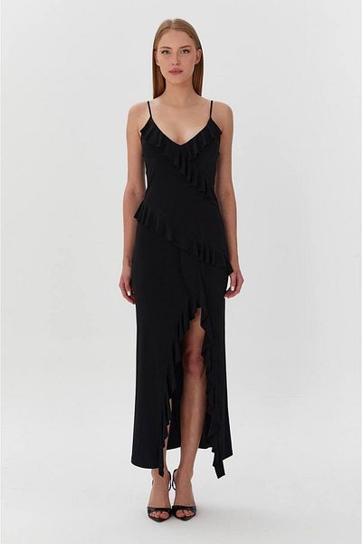 Kinzi Women's V Neck Ruffle Chic and Stylish Black Dress