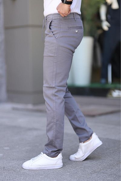 XORVİO Men's Slim Fit Flexible Lycra Dobby Quality Linen Lace-Up Stylish Gray Trousers