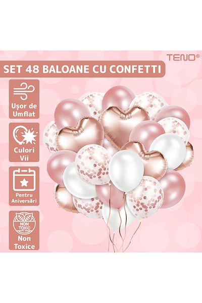 Teno Set of 48 Teno® Balloons, Confetti, Heart,, one size, 2 colors, latex, rose gold