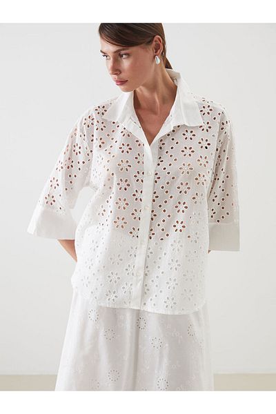 LC Waikiki Blue Openwork Oversize Women's Shirt