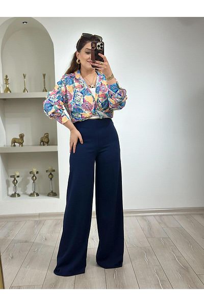 MELTEM TUĞAN Premium Wide Leg Fabric Trousers Dark Blue