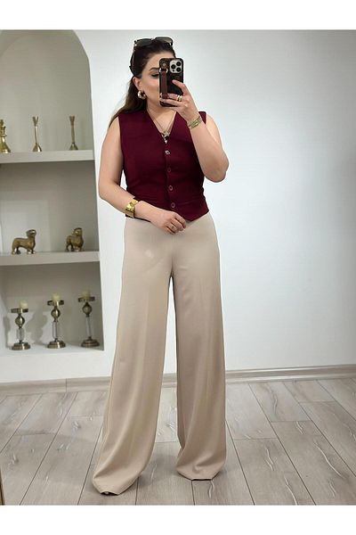 MELTEM TUĞAN Premium Wide Leg Fabric Trousers Stone