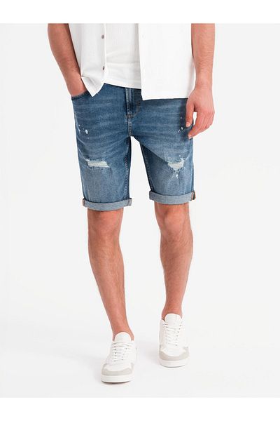 OMBRE Kurze Herren-Jeansshorts mit Reibung und hochgekrempeltem Bein - blau V2 OM-SRDS-0186 L