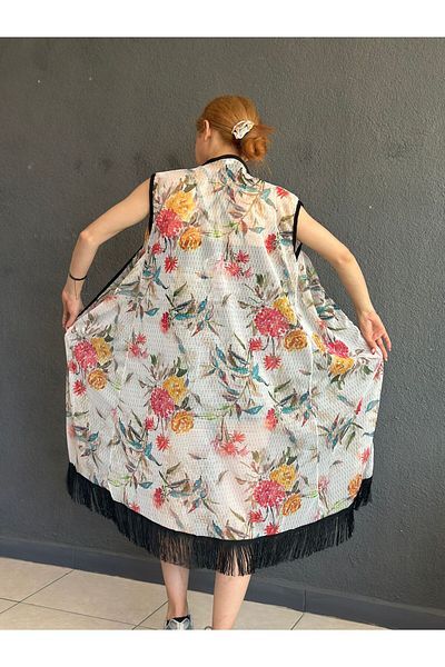 Gönülden Tasarım Flower Patterned Long Tassel Women's Vest Beach Vest 105 cm
