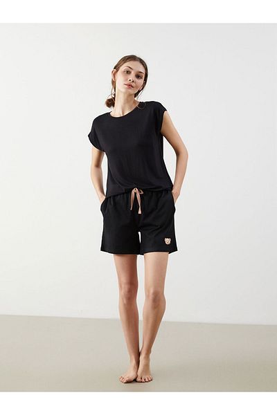 LC Waikiki Nou sezon Moon Bear Teddy Imprimat pijamale pentru femei Sort Partea de jos 2 piese - S5GT64Z8