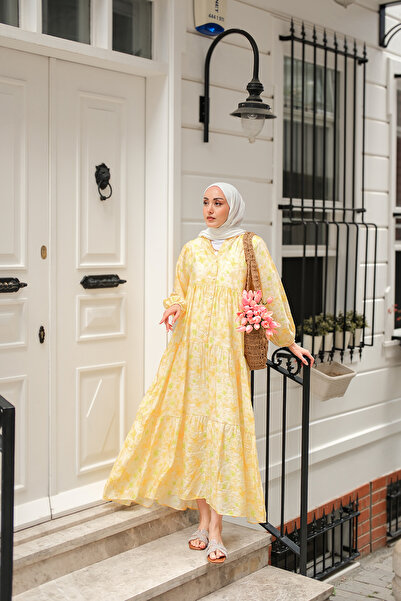 LOCCO Women's Watercolor Flower Pattern Dress Yellow