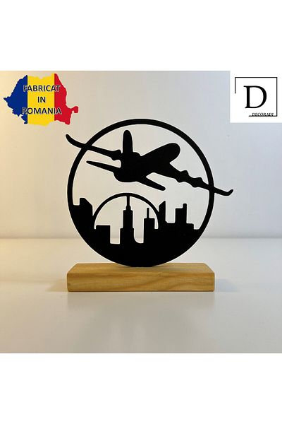 OEM "Flying Over the City" decoration with natural wood base, 16.5 cm, black, 3D printed