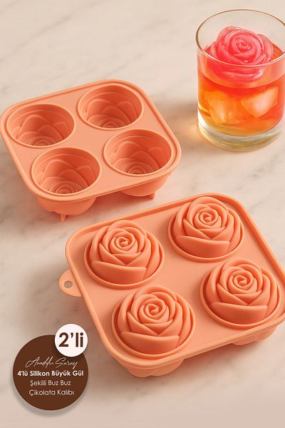 Anadolu Saray 2 Pcs Practical 4-Piece Silicone Large Rose Shaped Ice Mold |   4 Silicone Rose Ice Molds |   Presentation Ice