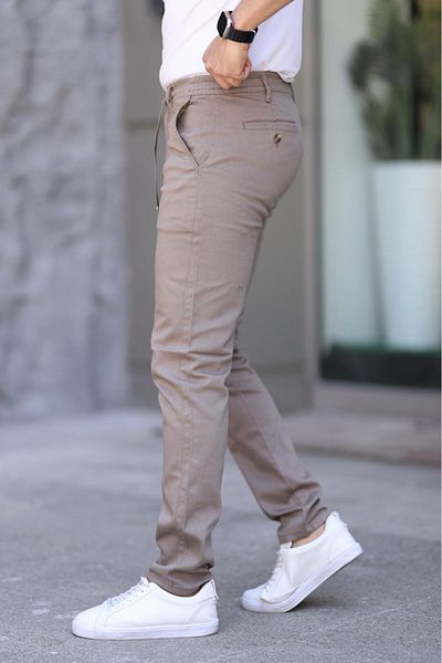 XORVİO Men's Slim Fit Flexible Lycra Dobby Quality Linen Lace-Up Stylish Milk Coffee Trousers