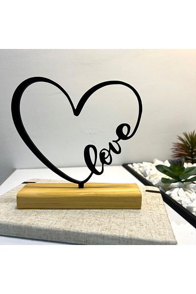 OEM "Heart Love" decoration with natural wooden base, 15 cm, black, 3D printed