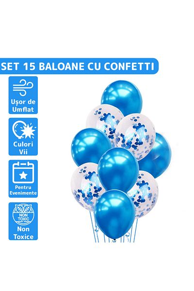 Teno Set 15 Baloane Teno®, Confeti, 3 culori, latex, albastru/alb/transparent