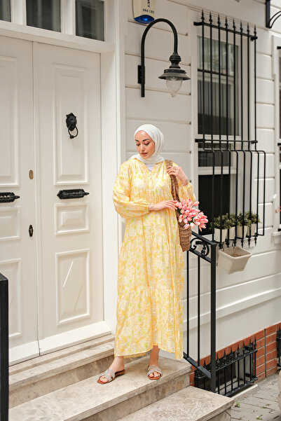 LOCCO Women's Watercolor Flower Pattern Dress Yellow