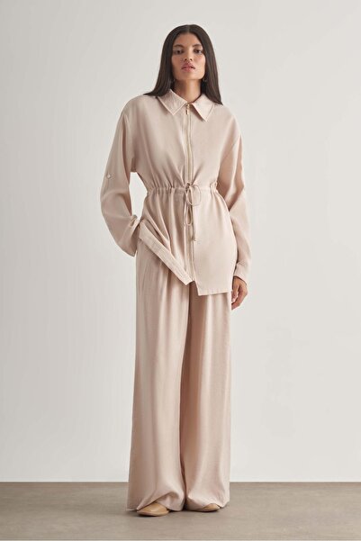 Mizalle Modal Karışımlı Fermuarlı Bej Rengi Tunik