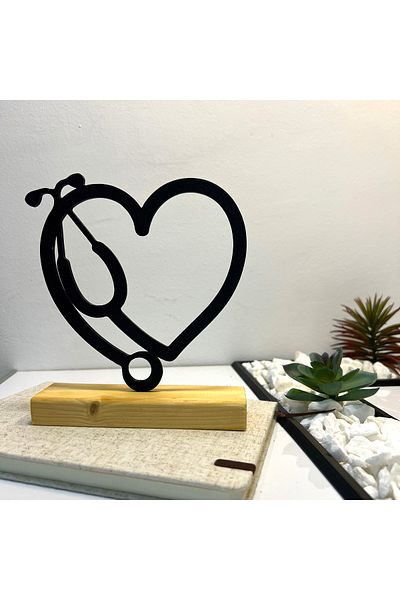OEM "Stethoscope" decoration with natural wood base, 16.5 cm, black, 3D printed