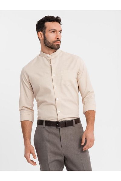 OMBRE Herren Leinenhemd mit Kragen und Tasche REGULAR FIT - creme V3 OM-SHCS-0161 XXL