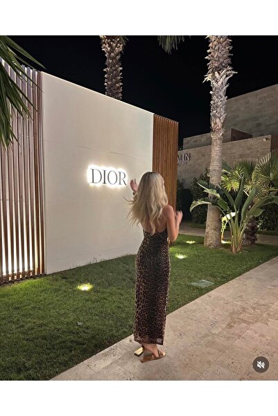 Hotfashion Leopar Degaje Yaka Uzun Tül Elbise