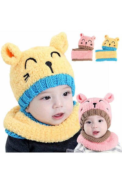 Linovit Winter hat and scarf set for children, Cat pattern, 6-24 months - Pink