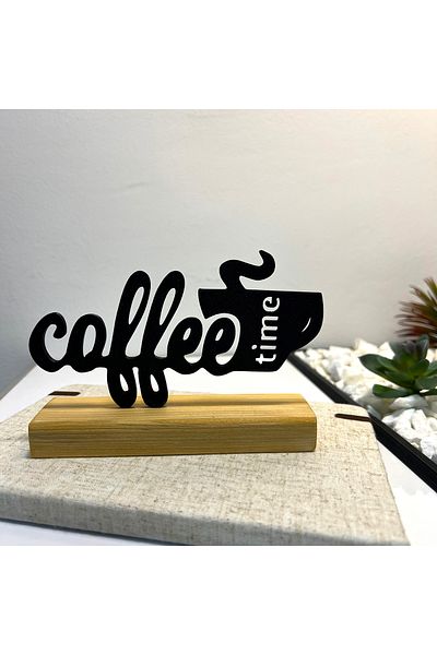 OEM "Coffee Time" decoration with natural wood base, 10 cm, black, 3D printed