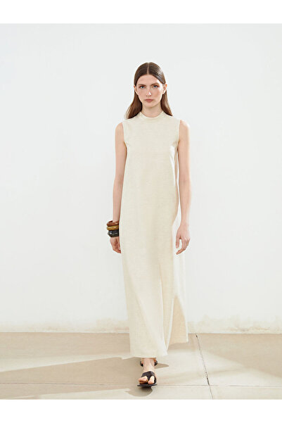 LC Waikiki Lcw modest ecru Mock Neck cut linen blended dress
