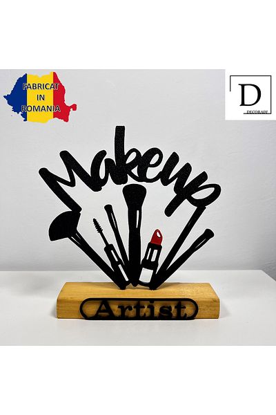 OEM "MakeUp Artist" decoration with natural wood base, 16.5 cm, black, 3D printed
