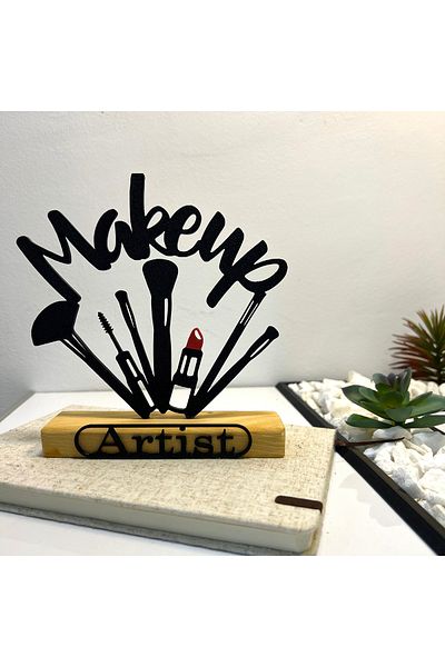 OEM "MakeUp Artist" decoration with natural wood base, 16.5 cm, black, 3D printed