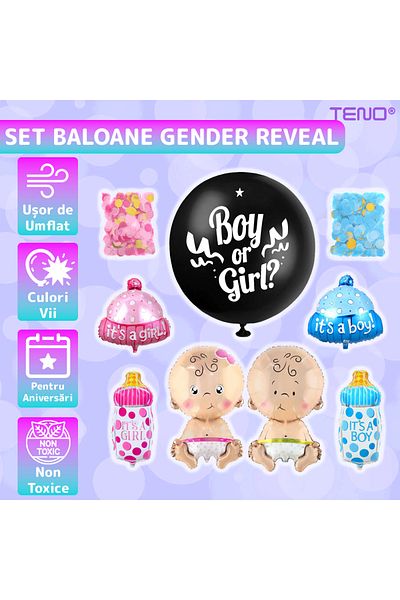 Teno Set of 7 Teno® Balloons, GENDER REVEAL model, multicolor