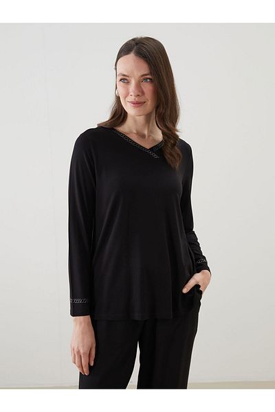 LC Waikiki Grace Navy Blue V-Neck Stone Long Sleeve Women's Blouse