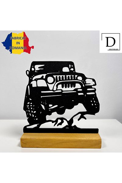 OEM "Classic Off-Road Car" decoration with natural wood base, 14.5 cm, black, 3D printed