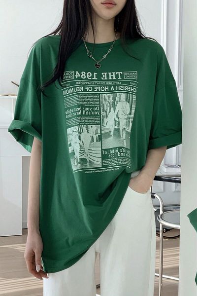 MODAGEN Unisex Green Crew Neck 1984 Newspaper Printed Oversize T-Shirt