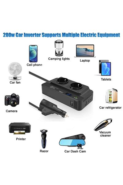 AUTOREY Invertor auto 12V-220V 200W 2x USB încărcare rapidă 1x USB-C 2 prize EU conversie DC-AC afișaj LED