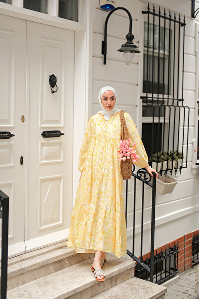 LOCCO Women's Watercolor Flower Pattern Dress Yellow