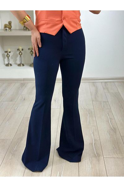 MELTEM TUĞAN Basic Wide Leg Fabric Trousers Full Lycra Dark Blue