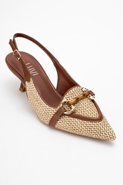 LuviShoes Osca Tan Straw Buckle Pointed Toe Women's Heeled Shoes