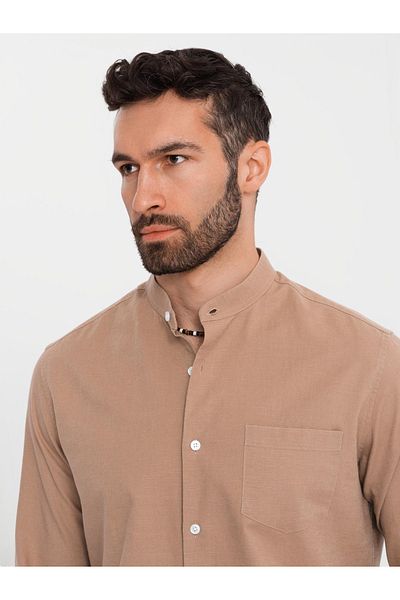 OMBRE Herren Leinenhemd mit Stehkragen und Tasche REGULAR FIT - hellbraun V7 OM-SHCS-0161 S